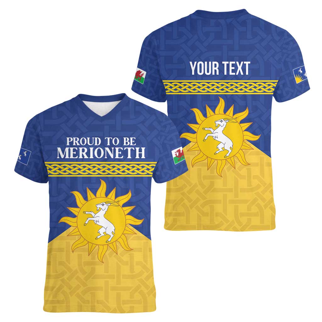 Personalized Merionethshire Wales Women V-Neck T-Shirt Celtic Sun and Goat Design - Wonder Print Shop