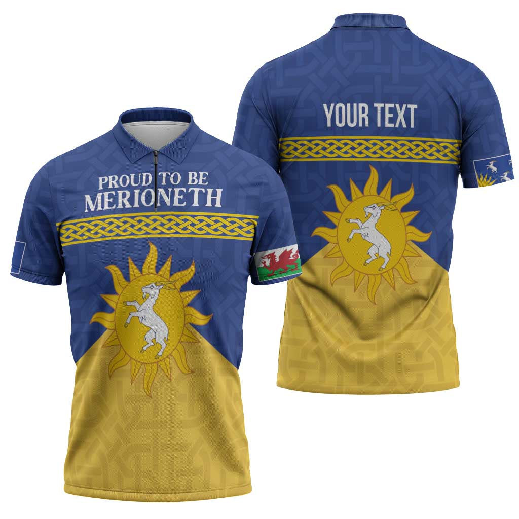 Personalized Merionethshire Wales Zipper Polo Shirt Celtic Sun and Goat Design - Wonder Print Shop