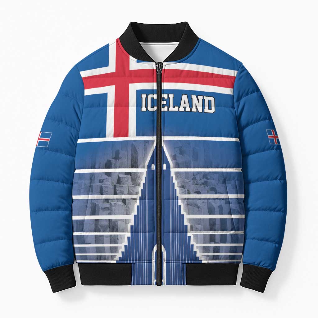 Iceland Hallgrimskirkja Church Bomber Puffer Jacket Icelandic Flag Design - Wonder Print Shop