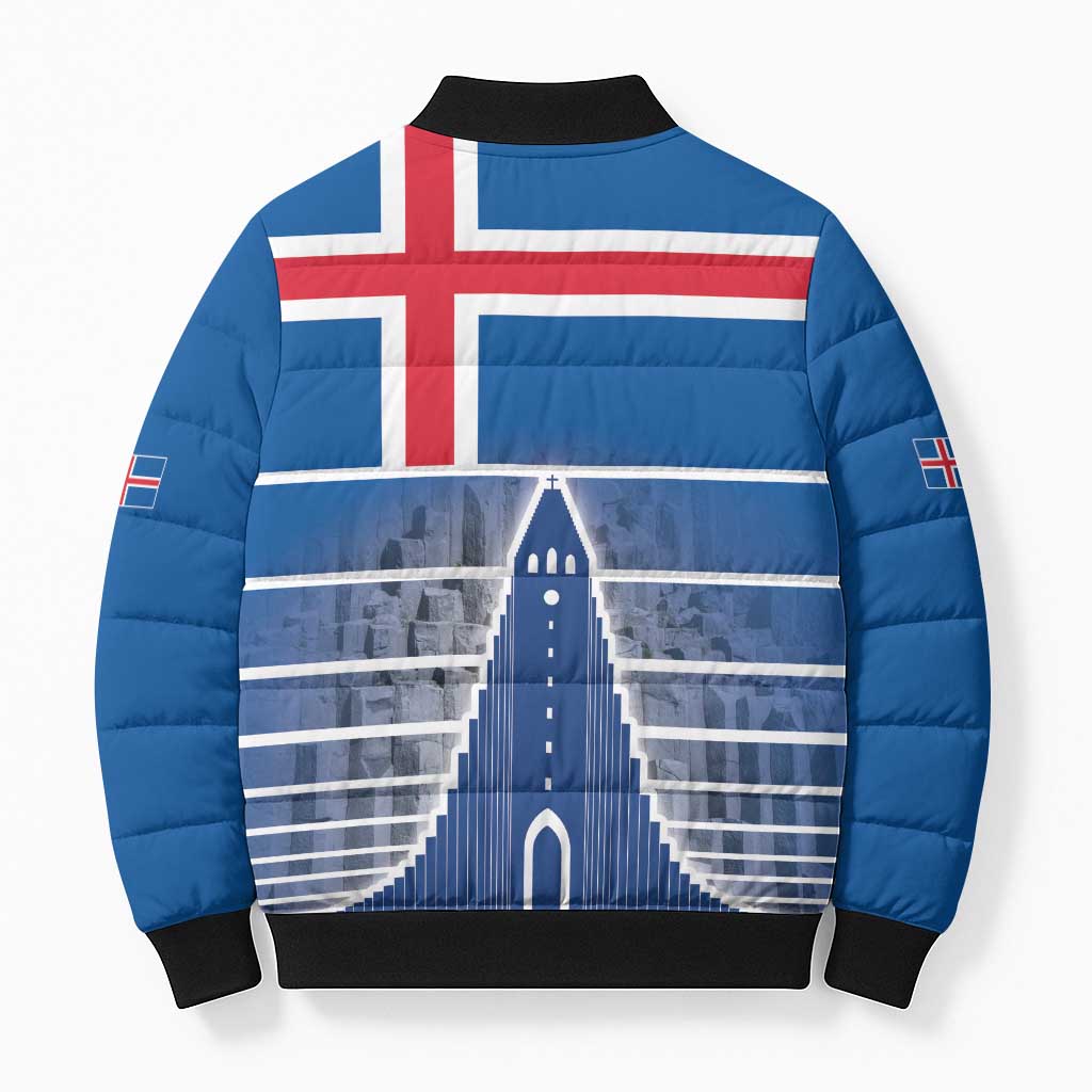 Iceland Hallgrimskirkja Church Bomber Puffer Jacket Icelandic Flag Design - Wonder Print Shop