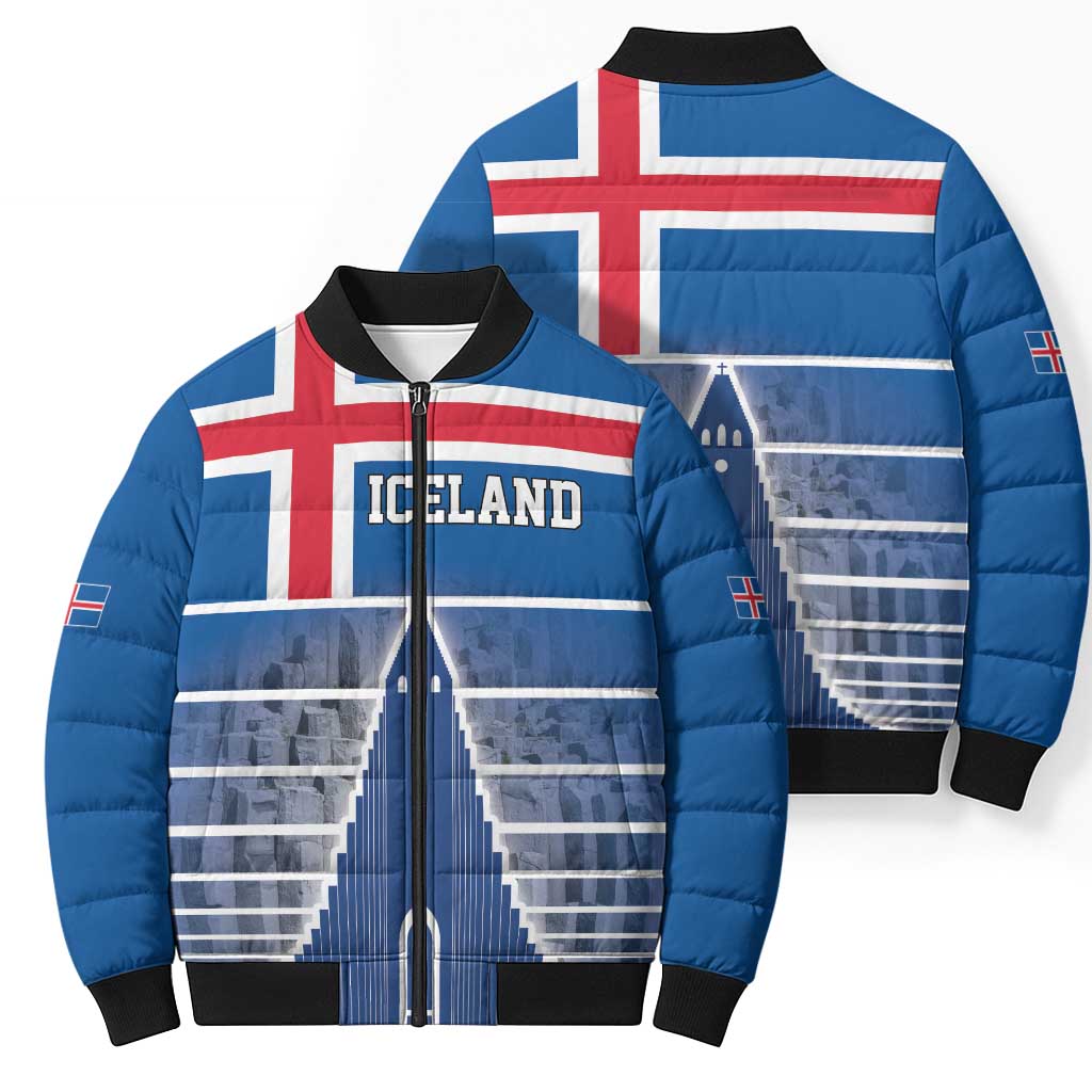 Iceland Hallgrimskirkja Church Bomber Puffer Jacket Icelandic Flag Design - Wonder Print Shop