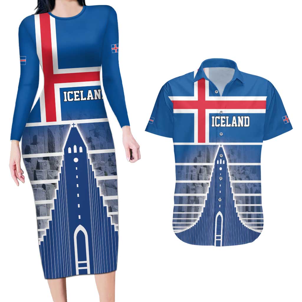 Iceland Hallgrimskirkja Church Couples Matching Long Sleeve Bodycon Dress and Hawaiian Shirt Icelandic Flag Design - Wonder Print Shop