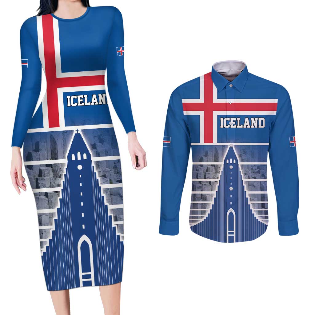 Iceland Hallgrimskirkja Church Couples Matching Long Sleeve Bodycon Dress and Long Sleeve Button Shirt Icelandic Flag Design - Wonder Print Shop