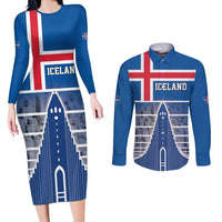Iceland Hallgrimskirkja Church Couples Matching Long Sleeve Bodycon Dress and Long Sleeve Button Shirt Icelandic Flag Design - Wonder Print Shop