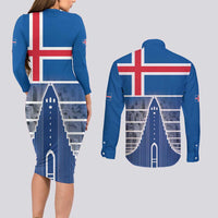Iceland Hallgrimskirkja Church Couples Matching Long Sleeve Bodycon Dress and Long Sleeve Button Shirt Icelandic Flag Design - Wonder Print Shop