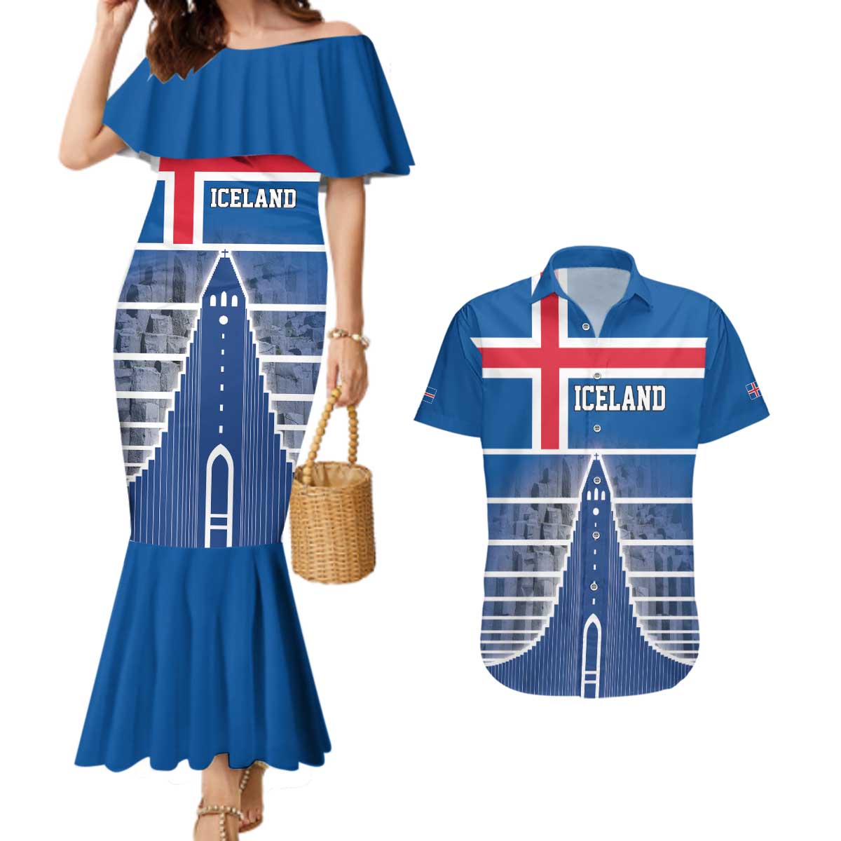 Iceland Hallgrimskirkja Church Couples Matching Mermaid Dress and Hawaiian Shirt Icelandic Flag Design - Wonder Print Shop