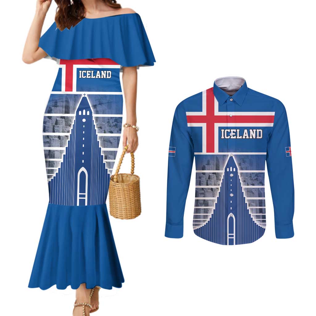 Iceland Hallgrimskirkja Church Couples Matching Mermaid Dress and Long Sleeve Button Shirt Icelandic Flag Design - Wonder Print Shop