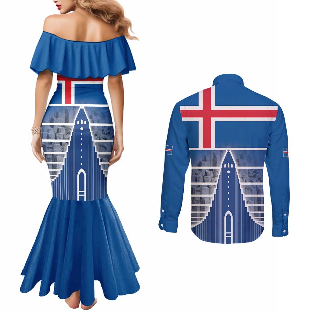 Iceland Hallgrimskirkja Church Couples Matching Mermaid Dress and Long Sleeve Button Shirt Icelandic Flag Design - Wonder Print Shop