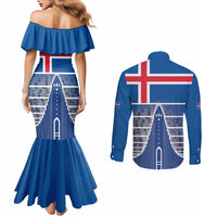 Iceland Hallgrimskirkja Church Couples Matching Mermaid Dress and Long Sleeve Button Shirt Icelandic Flag Design - Wonder Print Shop