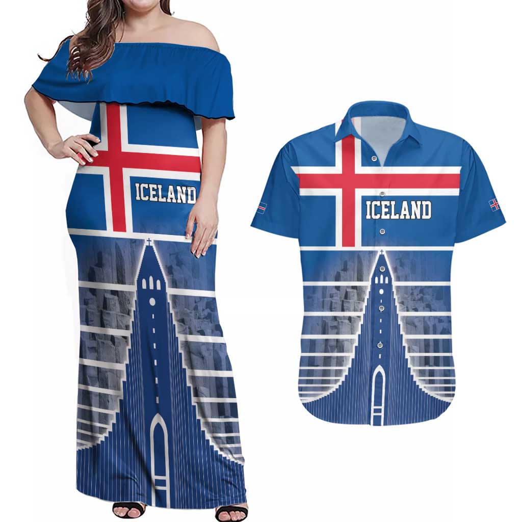 Iceland Hallgrimskirkja Church Couples Matching Off Shoulder Maxi Dress and Hawaiian Shirt Icelandic Flag Design - Wonder Print Shop