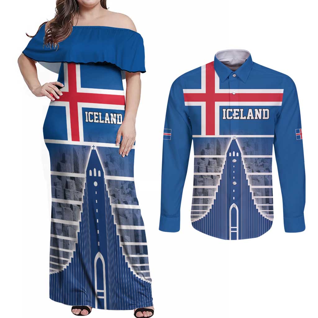 Iceland Hallgrimskirkja Church Couples Matching Off Shoulder Maxi Dress and Long Sleeve Button Shirt Icelandic Flag Design - Wonder Print Shop