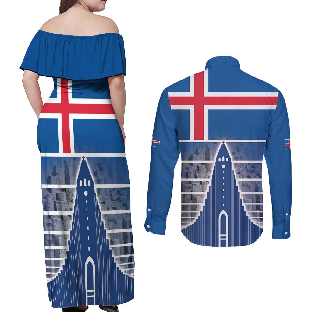 Iceland Hallgrimskirkja Church Couples Matching Off Shoulder Maxi Dress and Long Sleeve Button Shirt Icelandic Flag Design - Wonder Print Shop