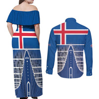 Iceland Hallgrimskirkja Church Couples Matching Off Shoulder Maxi Dress and Long Sleeve Button Shirt Icelandic Flag Design - Wonder Print Shop