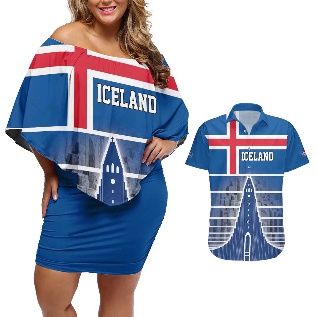 Iceland Hallgrimskirkja Church Couples Matching Off Shoulder Short Dress and Hawaiian Shirt Icelandic Flag Design - Wonder Print Shop