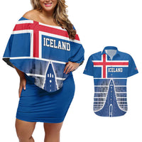 Iceland Hallgrimskirkja Church Couples Matching Off Shoulder Short Dress and Hawaiian Shirt Icelandic Flag Design - Wonder Print Shop