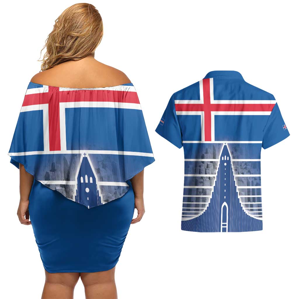 Iceland Hallgrimskirkja Church Couples Matching Off Shoulder Short Dress and Hawaiian Shirt Icelandic Flag Design - Wonder Print Shop