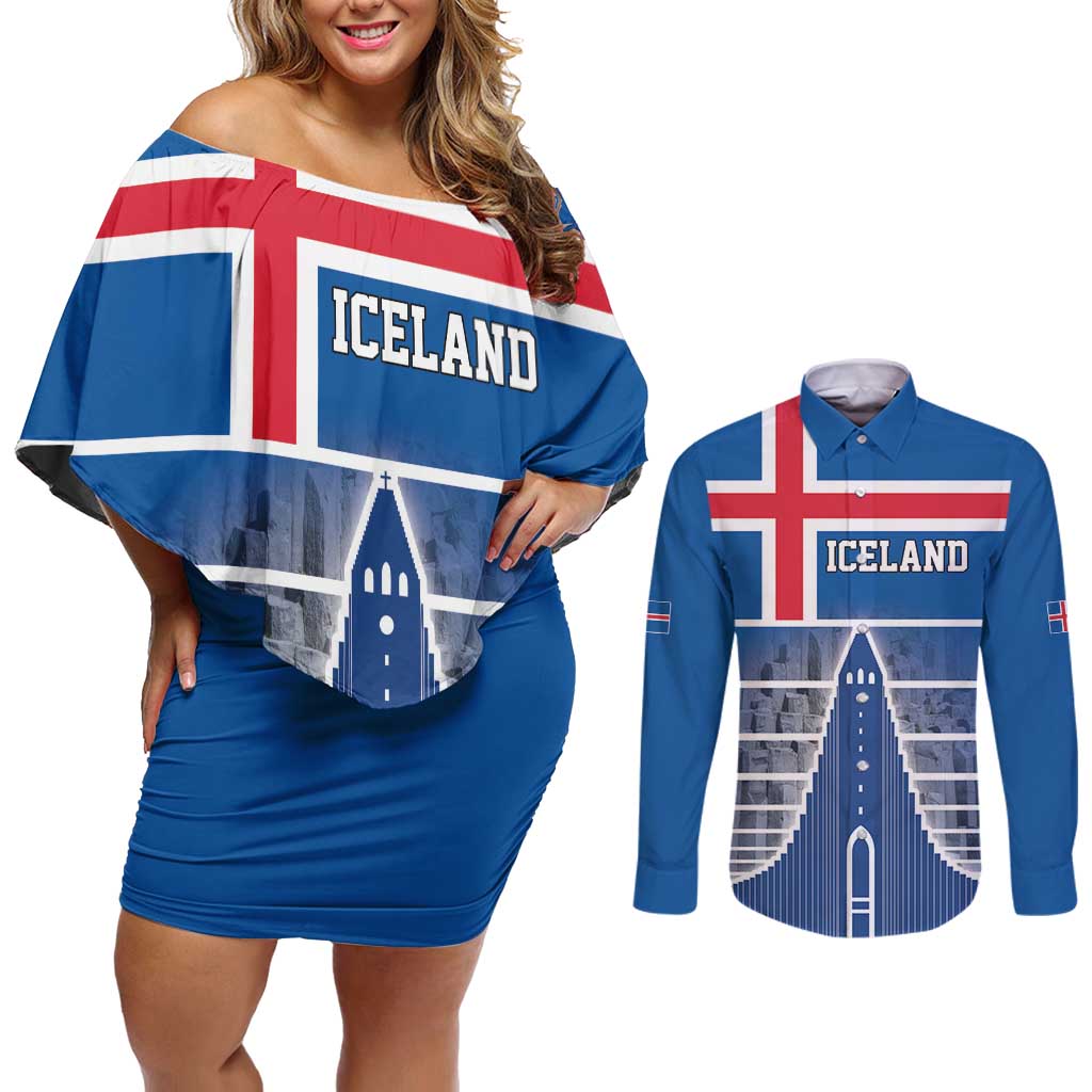 Iceland Hallgrimskirkja Church Couples Matching Off Shoulder Short Dress and Long Sleeve Button Shirt Icelandic Flag Design - Wonder Print Shop