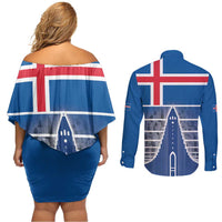 Iceland Hallgrimskirkja Church Couples Matching Off Shoulder Short Dress and Long Sleeve Button Shirt Icelandic Flag Design - Wonder Print Shop