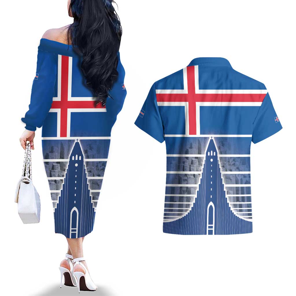 Iceland Hallgrimskirkja Church Couples Matching Off The Shoulder Long Sleeve Dress and Hawaiian Shirt Icelandic Flag Design - Wonder Print Shop