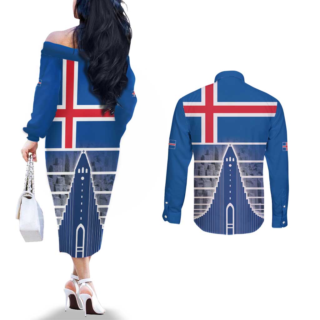 Iceland Hallgrimskirkja Church Couples Matching Off The Shoulder Long Sleeve Dress and Long Sleeve Button Shirt Icelandic Flag Design - Wonder Print Shop