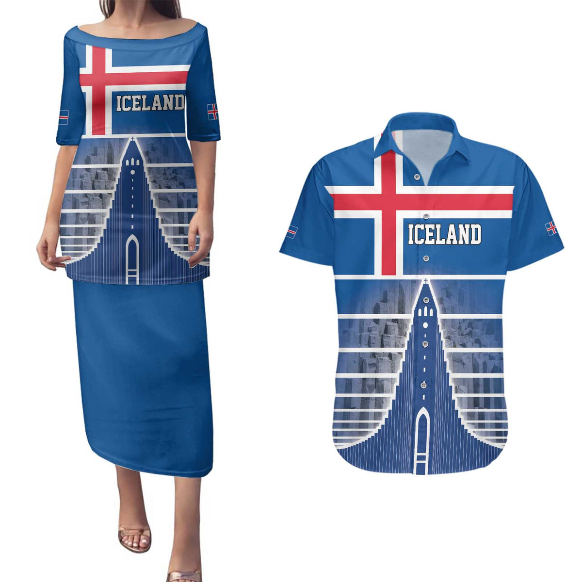 Iceland Hallgrimskirkja Church Couples Matching Puletasi and Hawaiian Shirt Icelandic Flag Design - Wonder Print Shop
