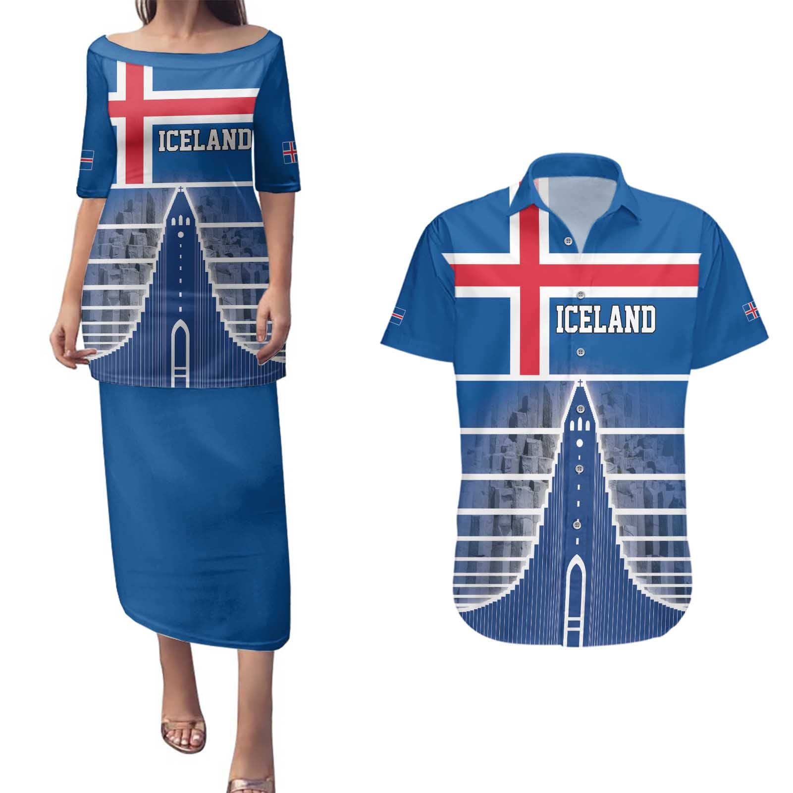 Iceland Hallgrimskirkja Church Couples Matching Puletasi and Hawaiian Shirt Icelandic Flag Design - Wonder Print Shop