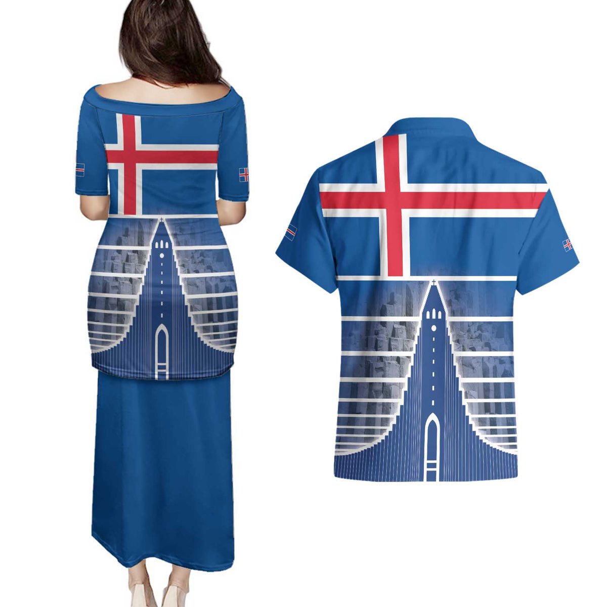 Iceland Hallgrimskirkja Church Couples Matching Puletasi and Hawaiian Shirt Icelandic Flag Design - Wonder Print Shop