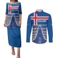 Iceland Hallgrimskirkja Church Couples Matching Puletasi and Long Sleeve Button Shirt Icelandic Flag Design - Wonder Print Shop