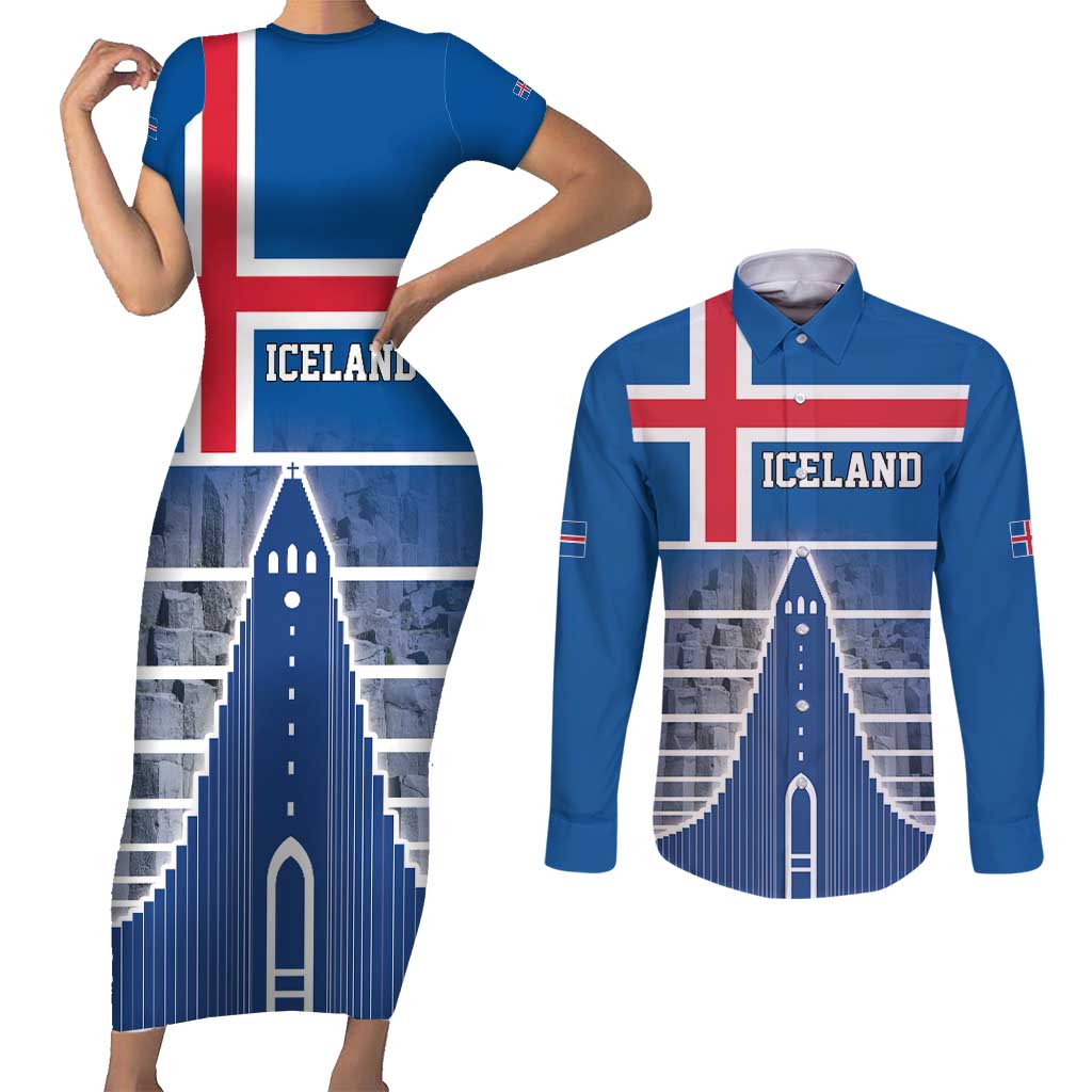 Iceland Hallgrimskirkja Church Couples Matching Short Sleeve Bodycon Dress and Long Sleeve Button Shirt Icelandic Flag Design - Wonder Print Shop
