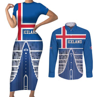 Iceland Hallgrimskirkja Church Couples Matching Short Sleeve Bodycon Dress and Long Sleeve Button Shirt Icelandic Flag Design - Wonder Print Shop