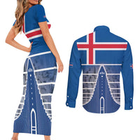 Iceland Hallgrimskirkja Church Couples Matching Short Sleeve Bodycon Dress and Long Sleeve Button Shirt Icelandic Flag Design - Wonder Print Shop