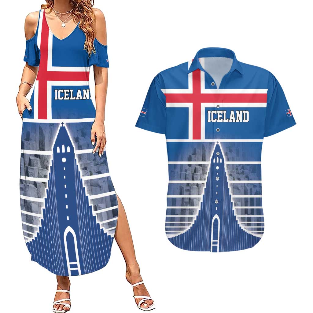 Iceland Hallgrimskirkja Church Couples Matching Summer Maxi Dress and Hawaiian Shirt Icelandic Flag Design - Wonder Print Shop