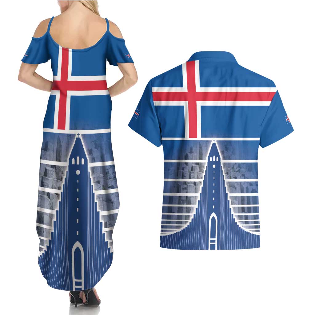 Iceland Hallgrimskirkja Church Couples Matching Summer Maxi Dress and Hawaiian Shirt Icelandic Flag Design - Wonder Print Shop