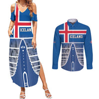 Iceland Hallgrimskirkja Church Couples Matching Summer Maxi Dress and Long Sleeve Button Shirt Icelandic Flag Design - Wonder Print Shop