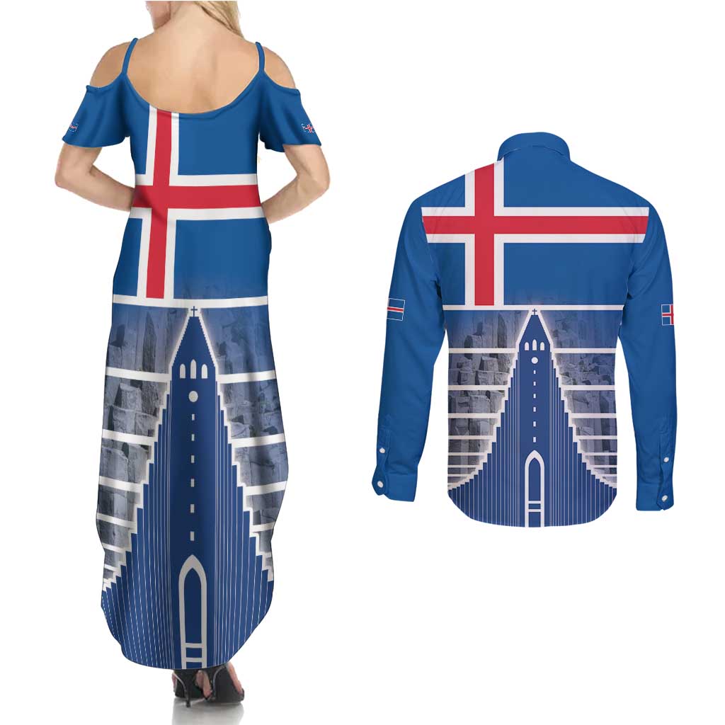 Iceland Hallgrimskirkja Church Couples Matching Summer Maxi Dress and Long Sleeve Button Shirt Icelandic Flag Design - Wonder Print Shop