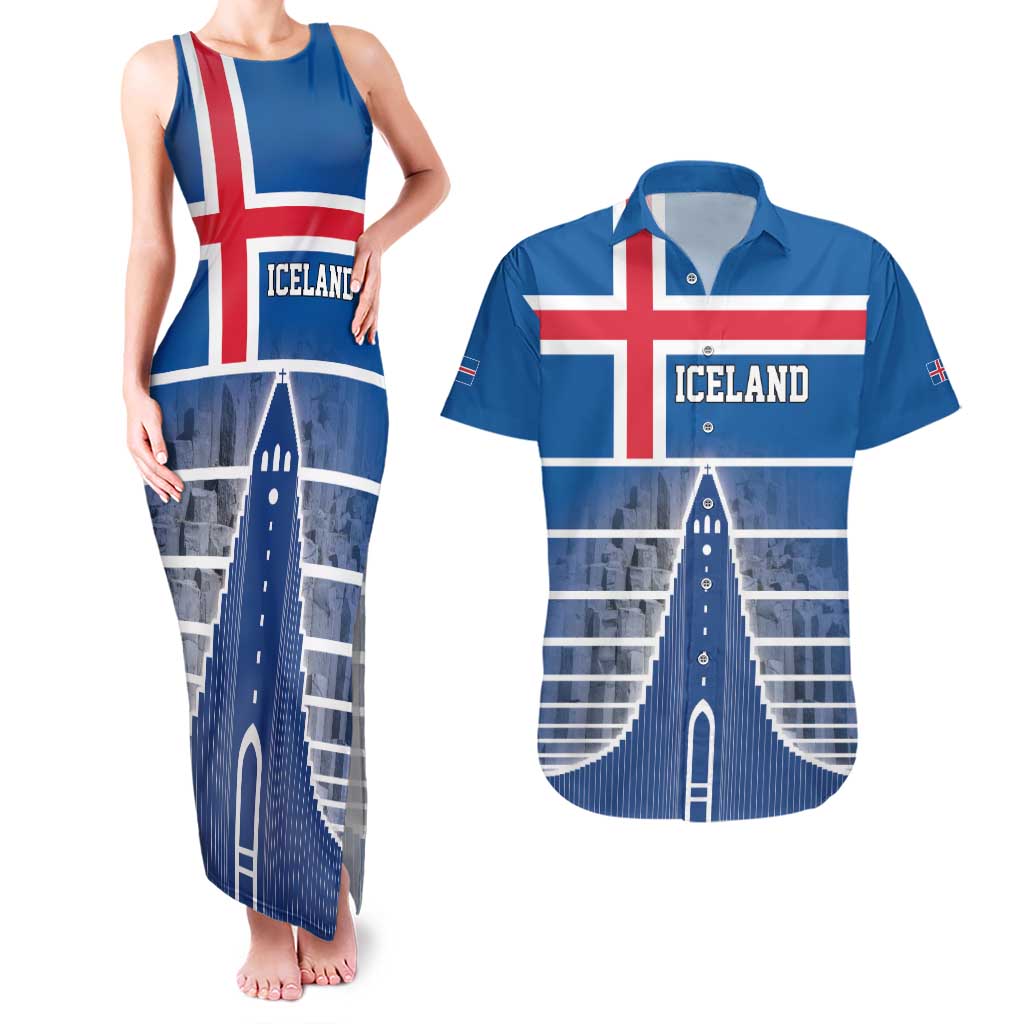 Iceland Hallgrimskirkja Church Couples Matching Tank Maxi Dress and Hawaiian Shirt Icelandic Flag Design - Wonder Print Shop
