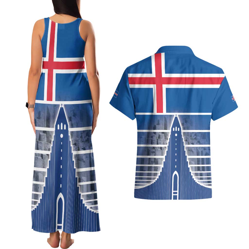 Iceland Hallgrimskirkja Church Couples Matching Tank Maxi Dress and Hawaiian Shirt Icelandic Flag Design - Wonder Print Shop