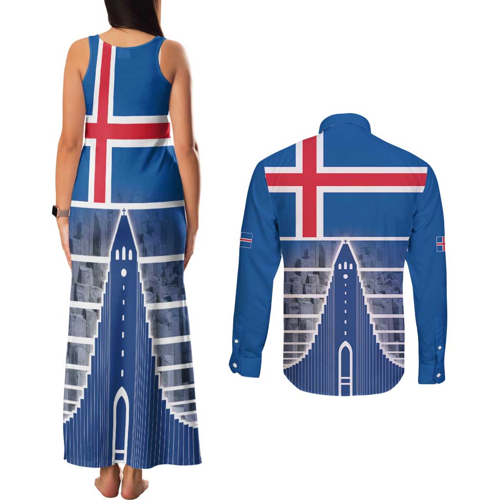 Iceland Hallgrimskirkja Church Couples Matching Tank Maxi Dress and Long Sleeve Button Shirt Icelandic Flag Design - Wonder Print Shop