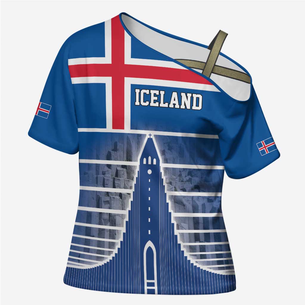 Iceland Hallgrimskirkja Church Cross Shoulder Shirt Icelandic Flag Design - Wonder Print Shop