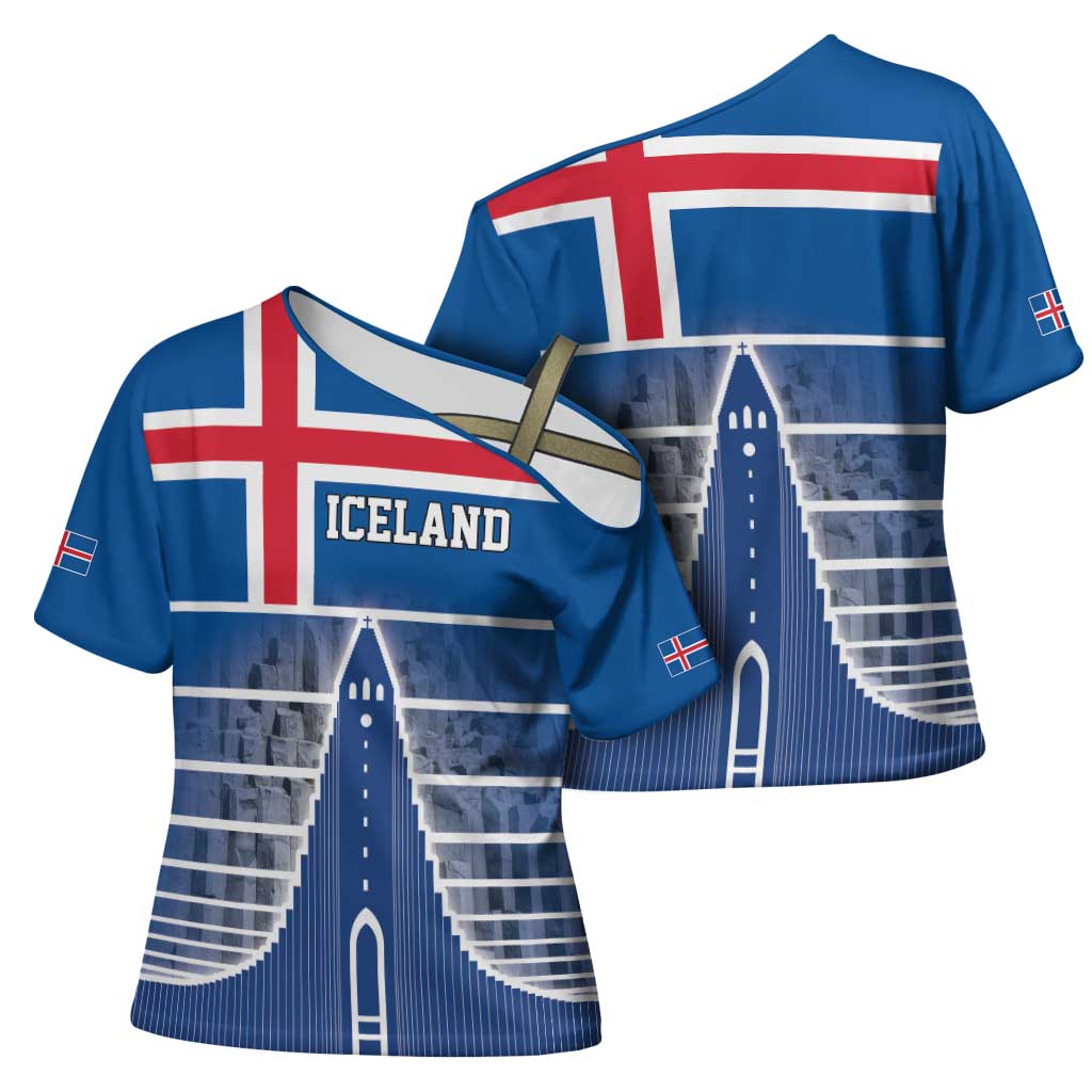 Iceland Hallgrimskirkja Church Cross Shoulder Shirt Icelandic Flag Design - Wonder Print Shop