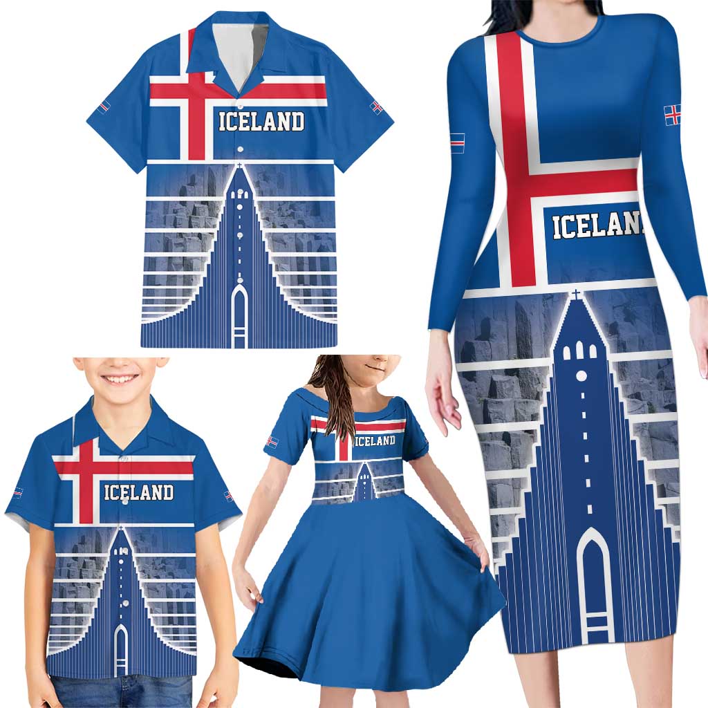 Iceland Hallgrimskirkja Church Family Matching Long Sleeve Bodycon Dress and Hawaiian Shirt Icelandic Flag Design - Wonder Print Shop
