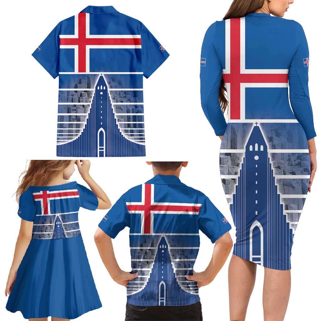 Iceland Hallgrimskirkja Church Family Matching Long Sleeve Bodycon Dress and Hawaiian Shirt Icelandic Flag Design - Wonder Print Shop