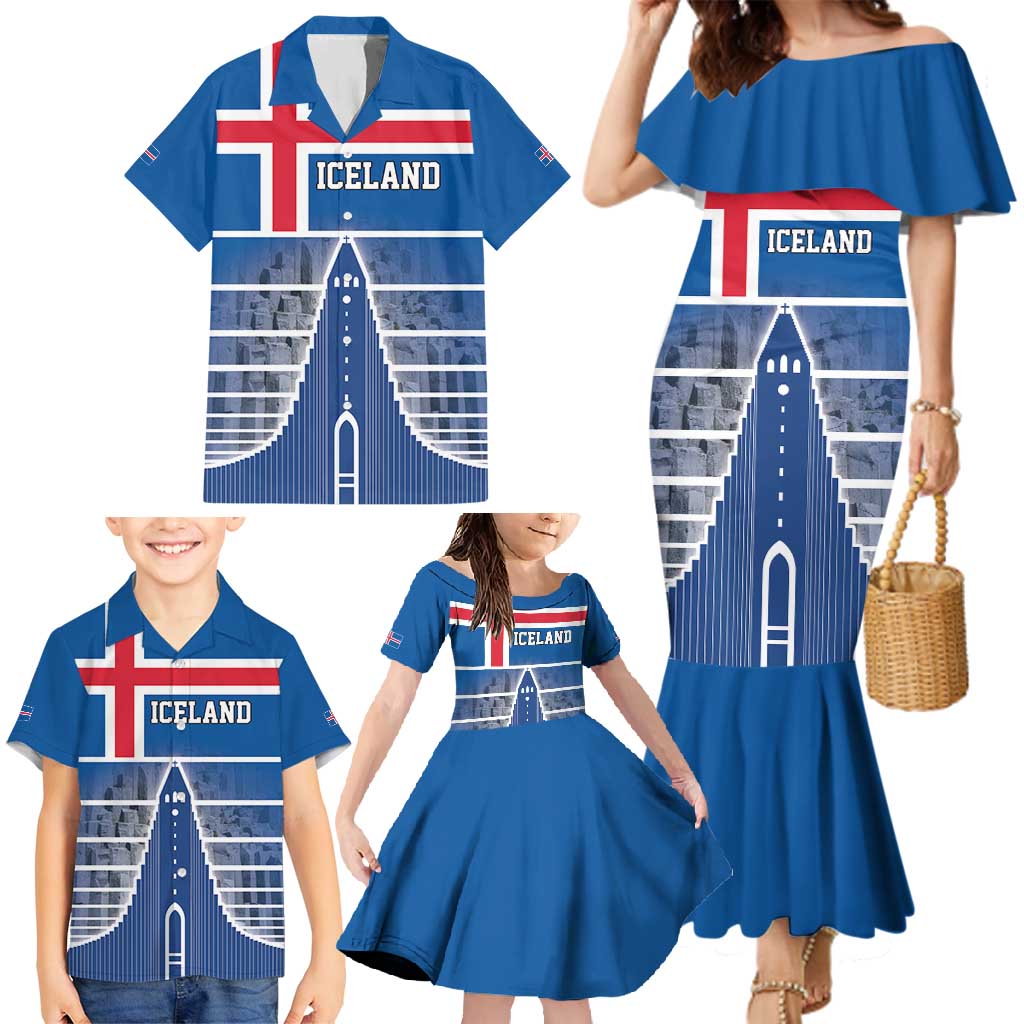 Iceland Hallgrimskirkja Church Family Matching Mermaid Dress and Hawaiian Shirt Icelandic Flag Design - Wonder Print Shop