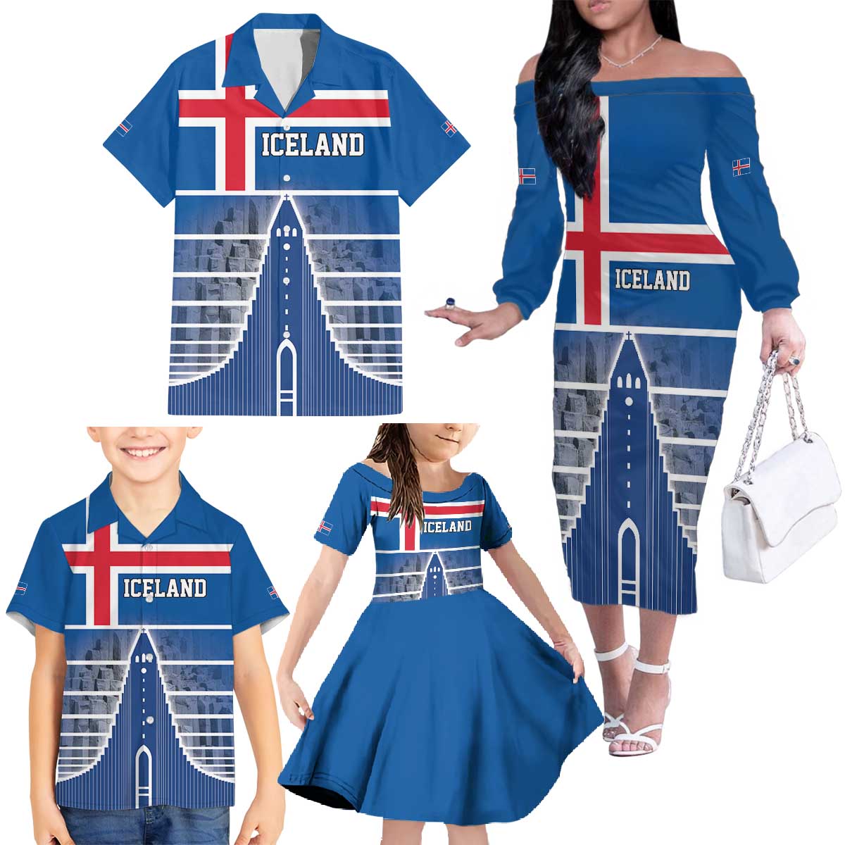 Iceland Hallgrimskirkja Church Family Matching Off The Shoulder Long Sleeve Dress and Hawaiian Shirt Icelandic Flag Design - Wonder Print Shop