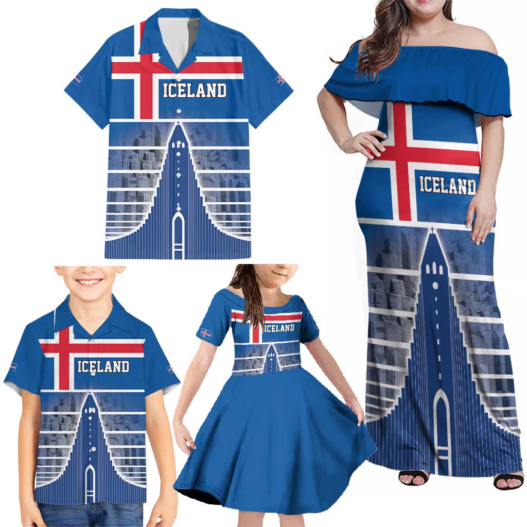 Iceland Hallgrimskirkja Church Family Matching Off Shoulder Maxi Dress and Hawaiian Shirt Icelandic Flag Design - Wonder Print Shop