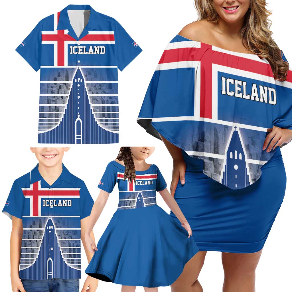 Iceland Hallgrimskirkja Church Family Matching Off Shoulder Short Dress and Hawaiian Shirt Icelandic Flag Design - Wonder Print Shop