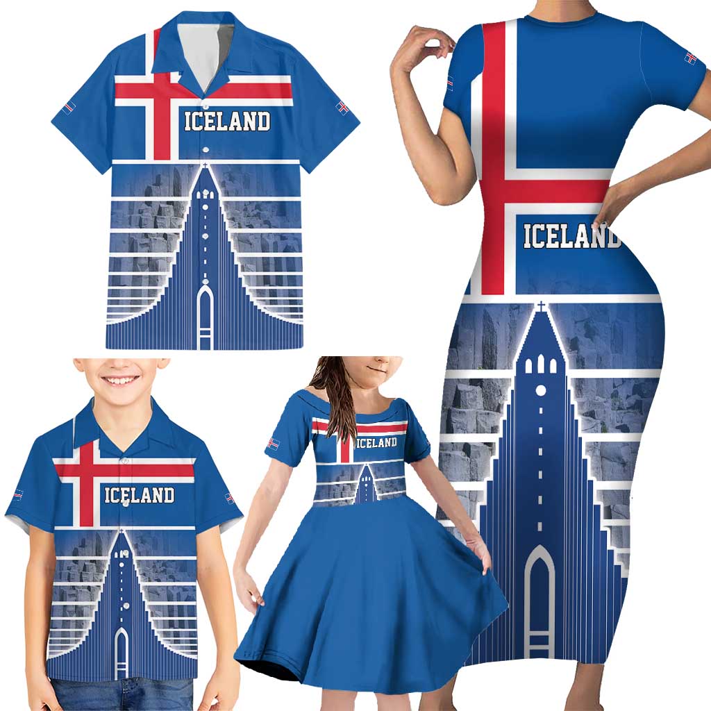 Iceland Hallgrimskirkja Church Family Matching Short Sleeve Bodycon Dress and Hawaiian Shirt Icelandic Flag Design - Wonder Print Shop