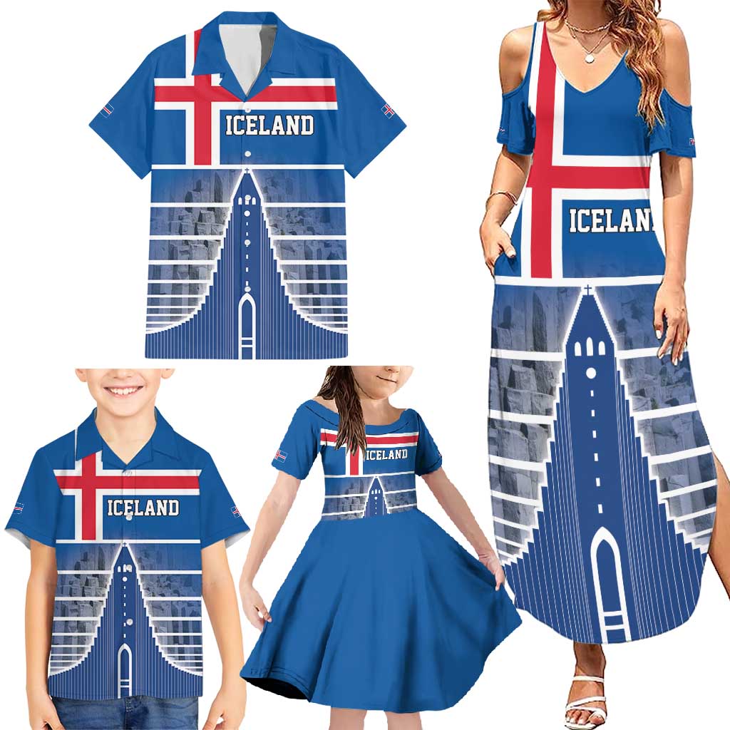 Iceland Hallgrimskirkja Church Family Matching Summer Maxi Dress and Hawaiian Shirt Icelandic Flag Design - Wonder Print Shop