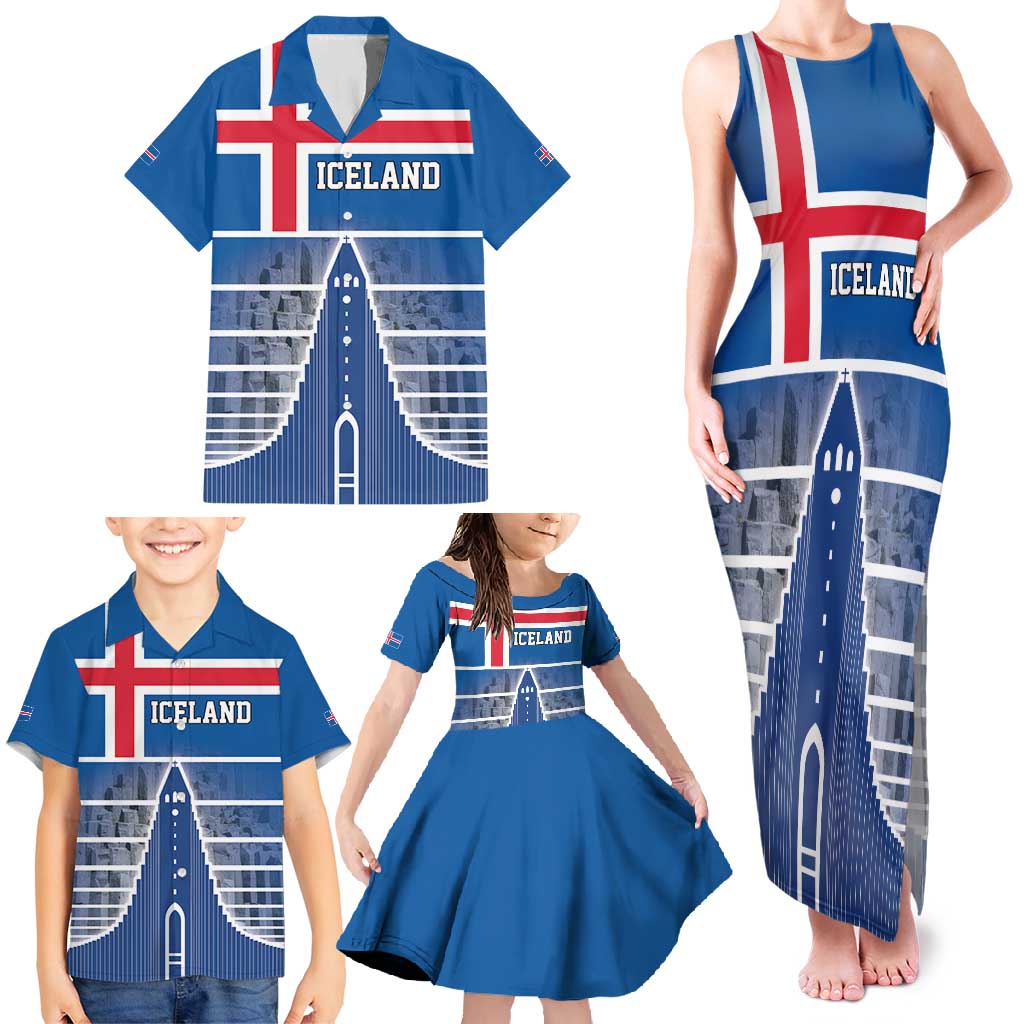 Iceland Hallgrimskirkja Church Family Matching Tank Maxi Dress and Hawaiian Shirt Icelandic Flag Design - Wonder Print Shop