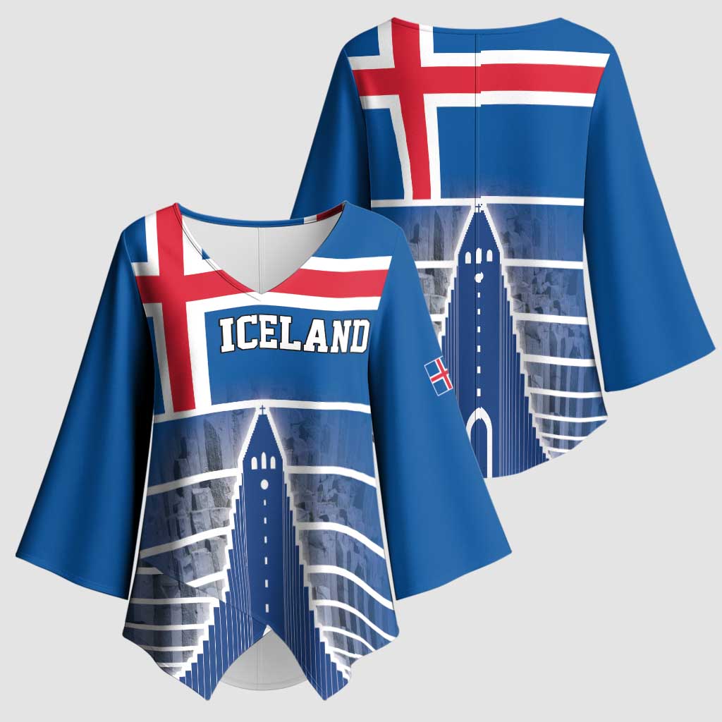 Iceland Hallgrimskirkja Church Kimono Sleeve Blouse Icelandic Flag Design - Wonder Print Shop